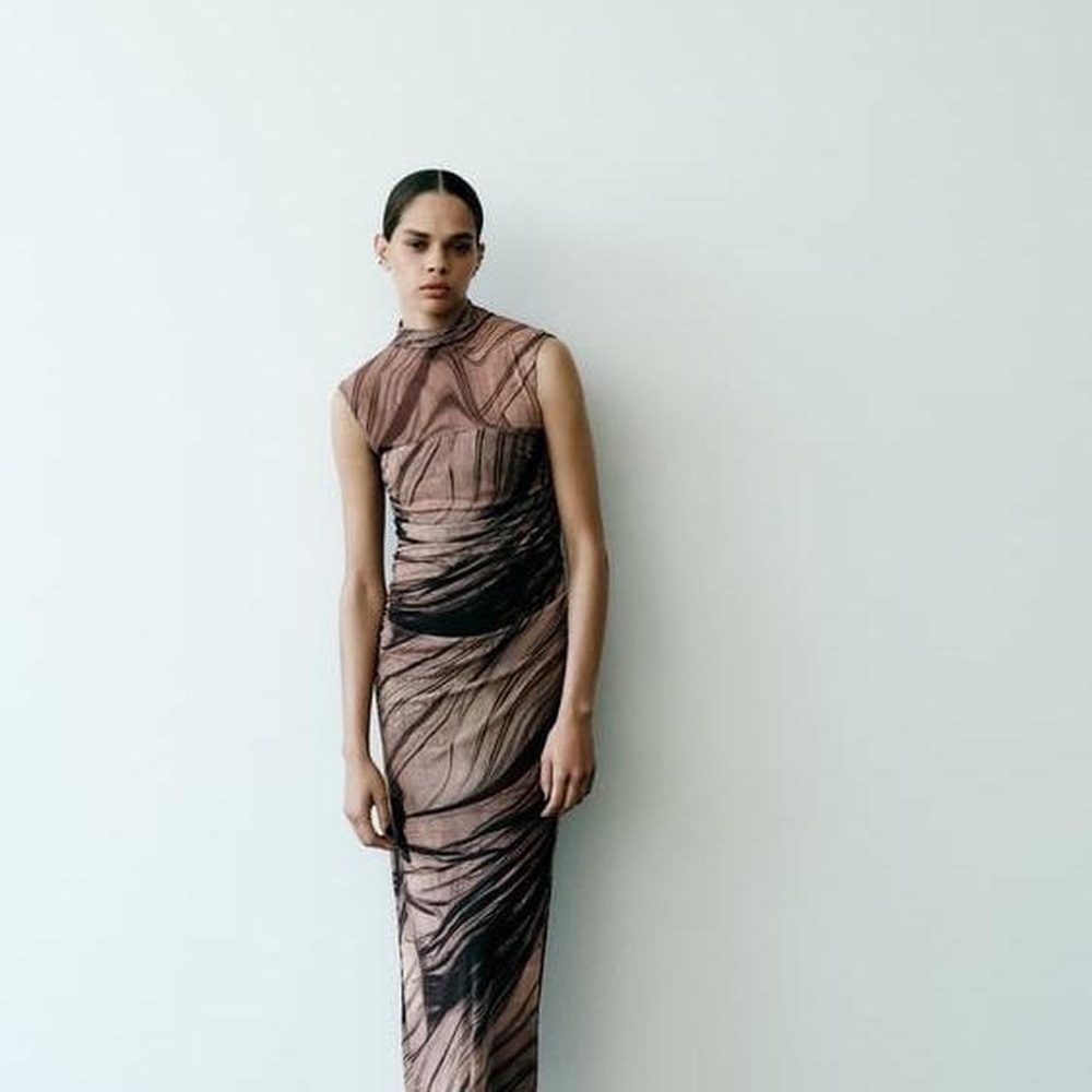 Zara Tulle Mesh Maxi Sleeveless Brown Cream Black Dress XS